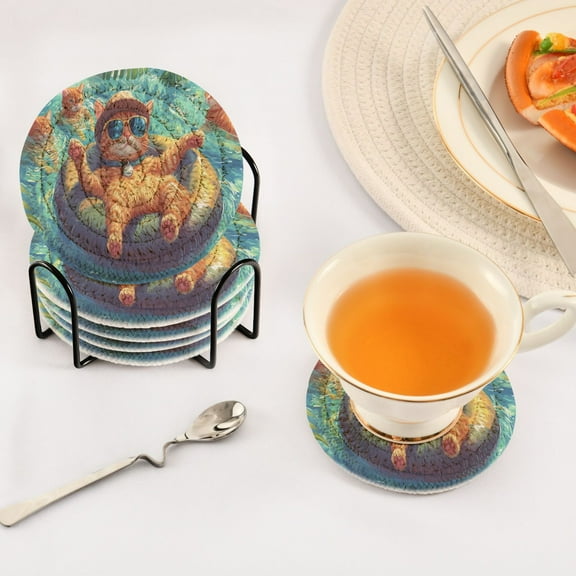 BZSMCE 6Pcs Drink Coasters With Holder 3.94Inch Cats Swimming Creative Coil Coaster Coasters Colors Absorbent Coasters for Drinks Coasters Set Thicken Heat for Home Table