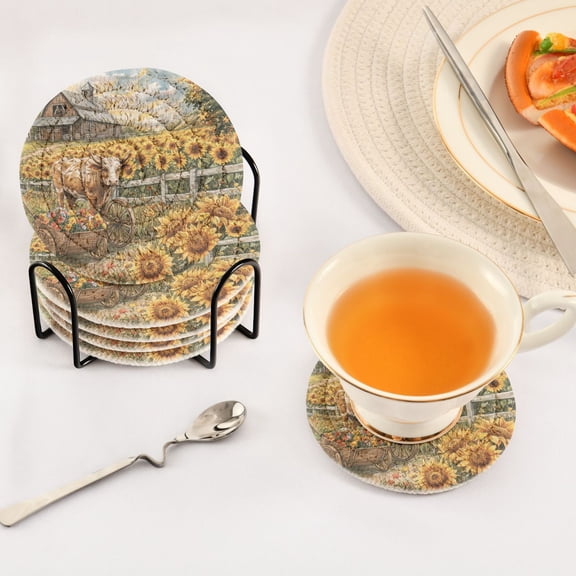 BZSMCE 6Pcs Drink Coasters With Holder 3.94Inch Cow Sunflowers Barn and Cart Creative Coil Coaster Coasters Colors Absorbent Coasters for Drinks Coasters Set Thicken Heat for Home Table