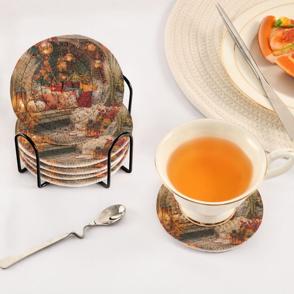 BZSMCE 6Pcs Drink Coasters With Holder 3.94Inch Cozy Autumn Garden Creative Coil Coaster Coasters Colors Absorbent Coasters for Drinks Coasters Set Thicken Heat for Home Table