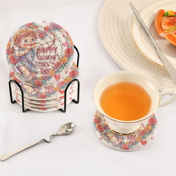 BZSMCE 6Pcs Drink Coasters With Holder 3.94Inch Cupid with Heart and Flowers Creative Coil Coaster Coasters Colors Absorbent Coasters for Drinks Coasters Set Thicken Heat for Home Table