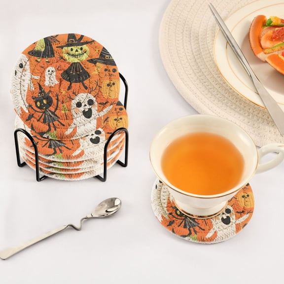 BZSMCE 6Pcs Drink Coasters With Holder 3.94Inch Cuts Gost and Pumpkin Creative Coil Coaster Coasters Colors Absorbent Coasters for Drinks Coasters Set Thicken Heat for Home Table