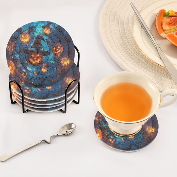 BZSMCE 6Pcs Drink Coasters With Holder 3.94Inch Dark Pumpkins Creative Coil Coaster Coasters Colors Absorbent Coasters for Drinks Coasters Set Thicken Heat for Home Table