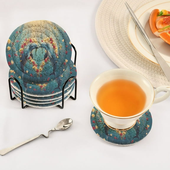 BZSMCE 6Pcs Drink Coasters With Holder 3.94Inch Dolphins Heart Roses Creative Coil Coaster Coasters Colors Absorbent Coasters for Drinks Coasters Set Thicken Heat for Home Table