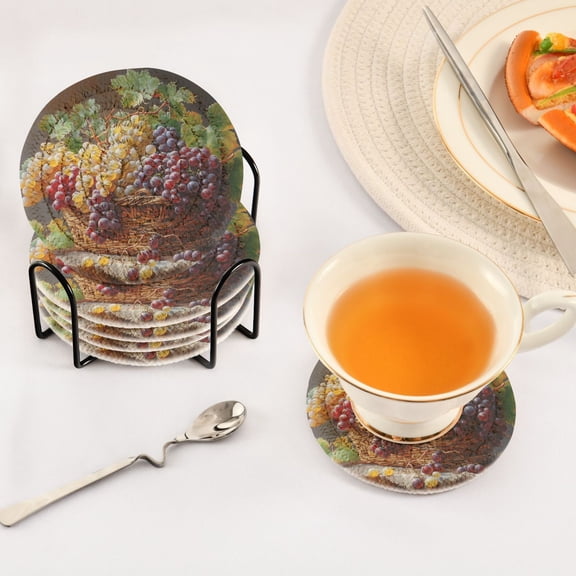 BZSMCE 6Pcs Drink Coasters With Holder 3.94Inch Grapes Pattern Creative Coil Coaster Coasters Colors Absorbent Coasters for Drinks Coasters Set Thicken Heat for Home Table