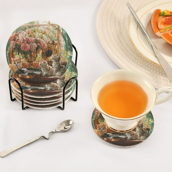 BZSMCE 6Pcs Drink Coasters With Holder 3.94Inch Kittens Flowers Gramophone Record Creative Coil Coaster Coasters Colors Absorbent Coasters for Drinks Coasters Set Thicken Heat for Home Table