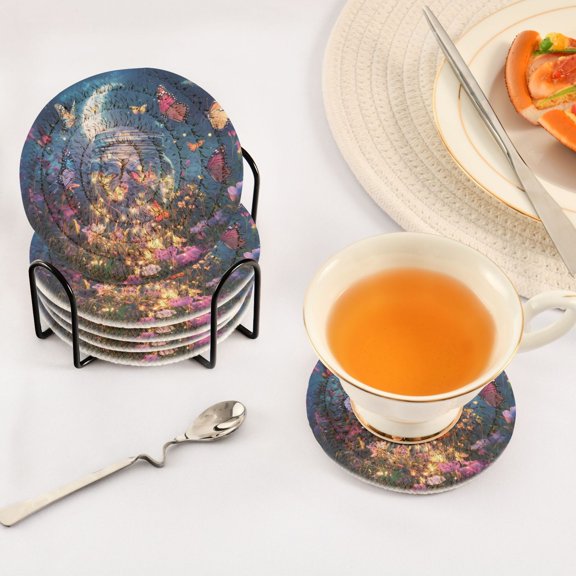 BZSMCE 6Pcs Drink Coasters With Holder 3.94Inch Lights Of Fairy Painting Creative Coil Coaster Coasters Colors Absorbent Coasters for Drinks Coasters Set Thicken Heat for Home Table