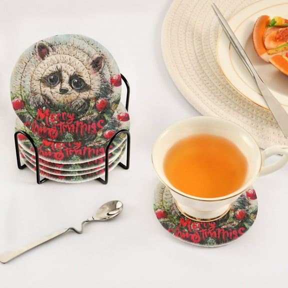 BZSMCE 6Pcs Drink Coasters With Holder 3.94Inch Merry Christmas Raccoon Creative Coil Coaster Coasters Colors Absorbent Coasters for Drinks Coasters Set Thicken Heat for Home Table