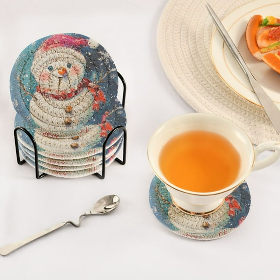 BZSMCE 6Pcs Drink Coasters With Holder 3.94Inch Merry Christmas Snowman Creative Coil Coaster Coasters Colors Absorbent Coasters for Drinks Coasters Set Thicken Heat for Home Table