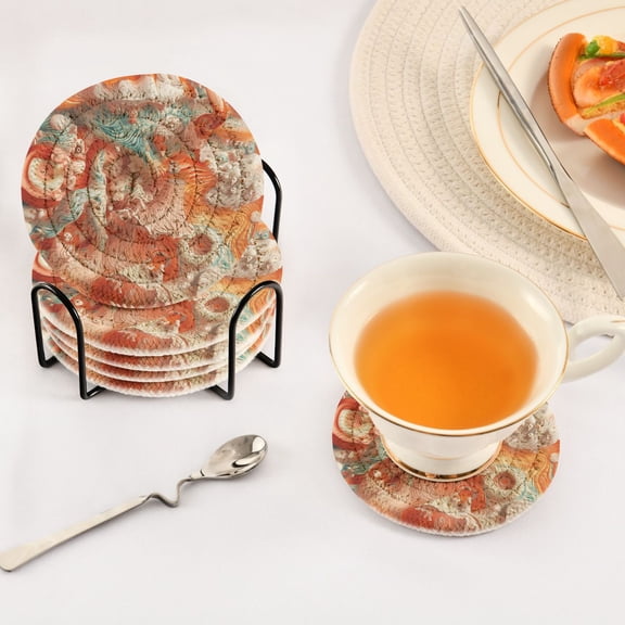 BZSMCE 6Pcs Drink Coasters With Holder 3.94Inch Mooli Seamless Pattern Creative Coil Coaster Coasters Colors Absorbent Coasters for Drinks Coasters Set Thicken Heat for Home Table