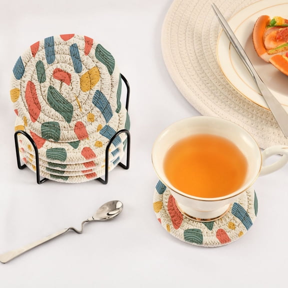 BZSMCE 6Pcs Drink Coasters With Holder 3.94Inch Painted Pattern Creative Coil Coaster Coasters Colors Absorbent Coasters for Drinks Coasters Set Thicken Heat for Home Table