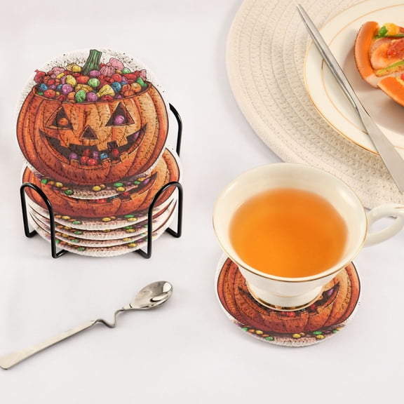 BZSMCE 6Pcs Drink Coasters With Holder 3.94Inch Pumpkin Candy Pattern Creative Coil Coaster Coasters Colors Absorbent Coasters for Drinks Coasters Set Thicken Heat for Home Table