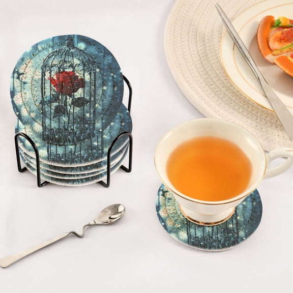 BZSMCE 6Pcs Drink Coasters With Holder 3.94Inch Red Rose Printing Creative Coil Coaster Coasters Colors Absorbent Coasters for Drinks Coasters Set Thicken Heat for Home Table