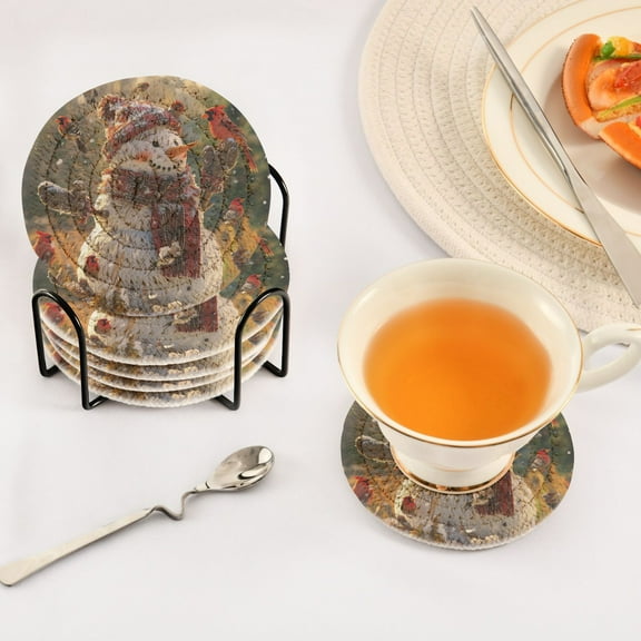 BZSMCE 6Pcs Drink Coasters With Holder 3.94Inch Snowman with Birds Creative Coil Coaster Coasters Colors Absorbent Coasters for Drinks Coasters Set Thicken Heat for Home Table