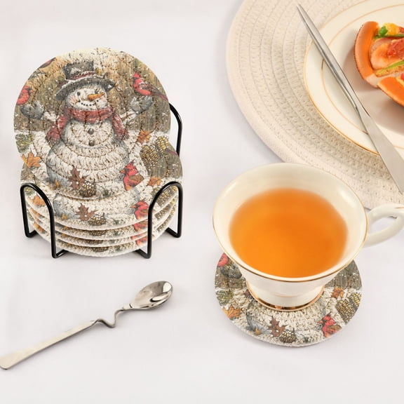 BZSMCE 6Pcs Drink Coasters With Holder 3.94Inch Snowman with Parrot Creative Coil Coaster Coasters Colors Absorbent Coasters for Drinks Coasters Set Thicken Heat for Home Table