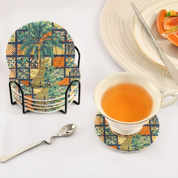 BZSMCE 6Pcs Drink Coasters With Holder 3.94Inch Summer Ceramic Tile Pattern Creative Coil Coaster Coasters Colors Absorbent Coasters for Drinks Coasters Set Thicken Heat for Home Table