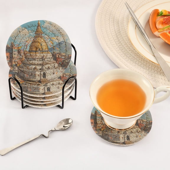 BZSMCE 6Pcs Drink Coasters With Holder 3.94Inch Swayambhunath Tower Creative Coil Coaster Coasters Colors Absorbent Coasters for Drinks Coasters Set Thicken Heat for Home Table