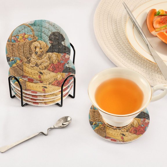BZSMCE 6Pcs Drink Coasters With Holder 3.94Inch Two Puppies with Toys Creative Coil Coaster Coasters Colors Absorbent Coasters for Drinks Coasters Set Thicken Heat for Home Table