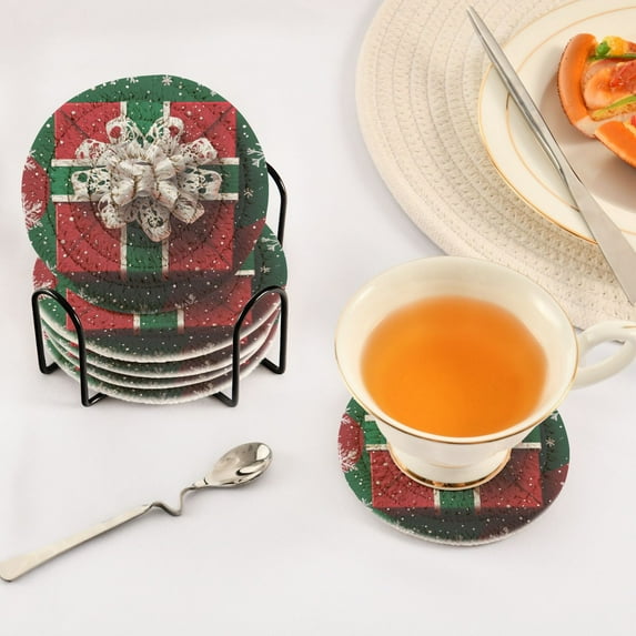 BZSMCE 6Pcs Drink Coasters With Holder 3.94Inch White Snowflake Ribbon ...
