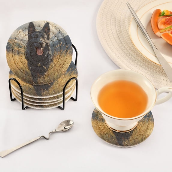 BZSMCE 6Pcs Drink Coasters With Holder 3.94Inch Black Dog Is Running Creative Coil Coaster Coasters Colors Absorbent Coasters for Drinks Coasters Set Thicken Heat for Home Table