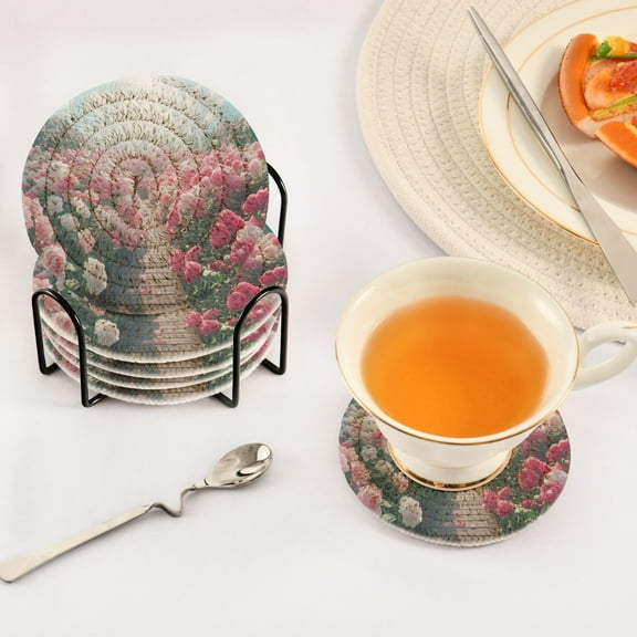 BZSMCE 6Pcs Drink Coasters With Holder 3.94Inch Blooming Rose Garden Creative Coil Coaster Coasters Colors Absorbent Coasters for Drinks Coasters Set Thicken Heat for Home Table