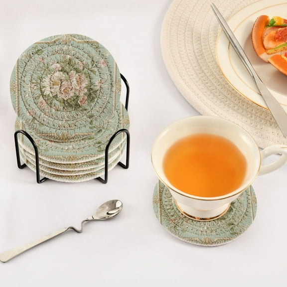 BZSMCE 6Pcs Drink Coasters With Holder 3.94Inch Blossom Pattern Creative Coil Coaster Coasters Colors Absorbent Coasters for Drinks Coasters Set Thicken Heat for Home Table