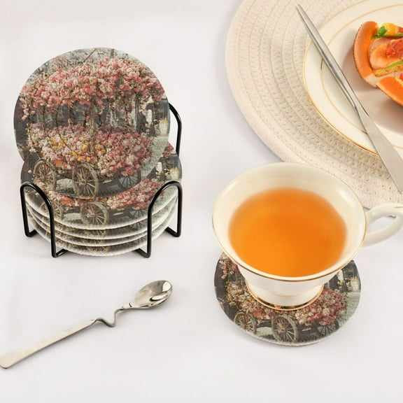 BZSMCE 6Pcs Drink Coasters With Holder 3.94Inch Cart with Colorful Flowers Creative Coil Coaster Coasters Colors Absorbent Coasters for Drinks Coasters Set Thicken Heat for Home Table