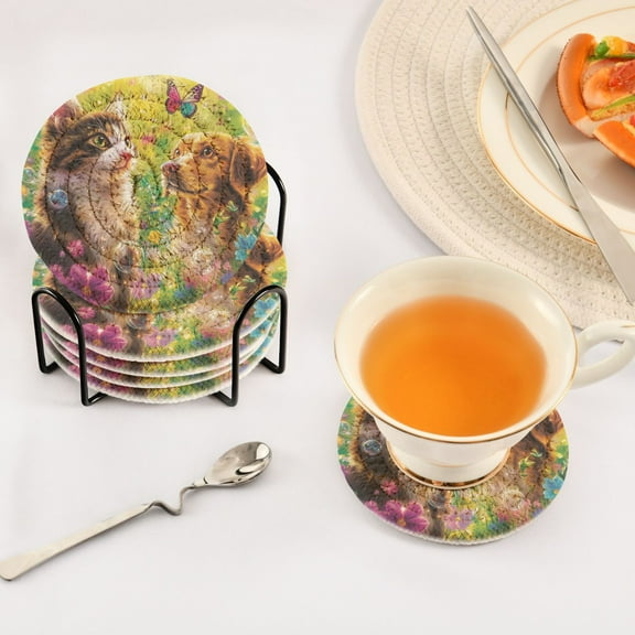 BZSMCE 6Pcs Drink Coasters With Holder 3.94Inch Cat and Dog with Butterflies Creative Coil Coaster Coasters Colors Absorbent Coasters for Drinks Coasters Set Thicken Heat for Home Table