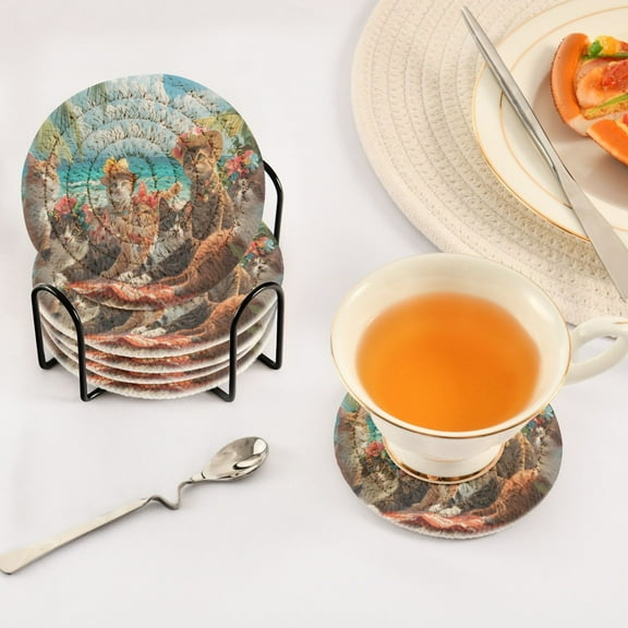 BZSMCE 6Pcs Drink Coasters With Holder 3.94Inch Cats Beach Flowers Creative Coil Coaster Coasters Colors Absorbent Coasters for Drinks Coasters Set Thicken Heat for Home Table
