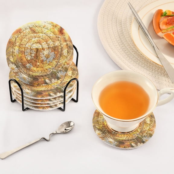 BZSMCE 6Pcs Drink Coasters With Holder 3.94Inch Chamomile Tea with Flowers Creative Coil Coaster Coasters Colors Absorbent Coasters for Drinks Coasters Set Thicken Heat for Home Table
