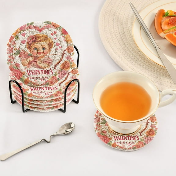 BZSMCE 6Pcs Drink Coasters With Holder 3.94Inch Cupid with Bow Roses Hearts Creative Coil Coaster Coasters Colors Absorbent Coasters for Drinks Coasters Set Thicken Heat for Home Table