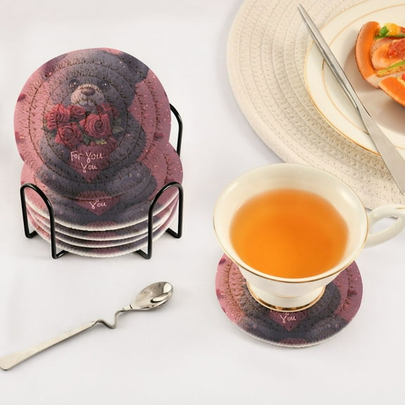 BZSMCE 6Pcs Drink Coasters With Holder 3.94Inch Cute Bear with Roses Creative Coil Coaster Coasters Colors Absorbent Coasters for Drinks Coasters Set Thicken Heat for Home Table