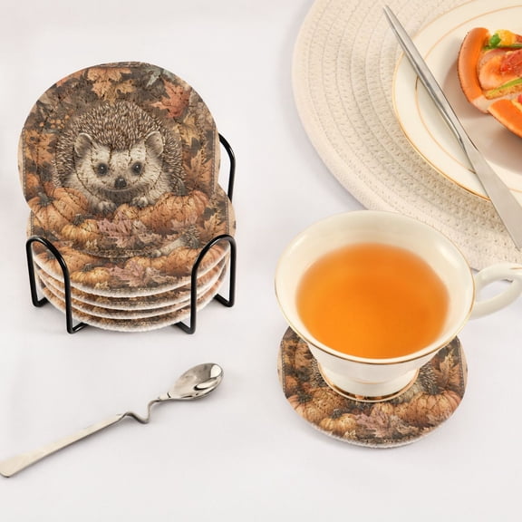 BZSMCE 6Pcs Drink Coasters With Holder 3.94Inch Cute Hedgehog Pattern Creative Coil Coaster Coasters Colors Absorbent Coasters for Drinks Coasters Set Thicken Heat for Home Table