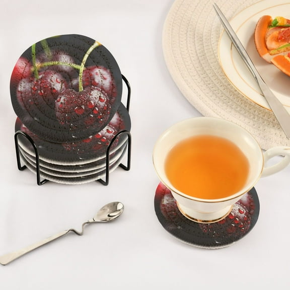 BZSMCE 6Pcs Drink Coasters With Holder 3.94Inch Dark Red Cherries Creative Coil Coaster Coasters Colors Absorbent Coasters for Drinks Coasters Set Thicken Heat for Home Table