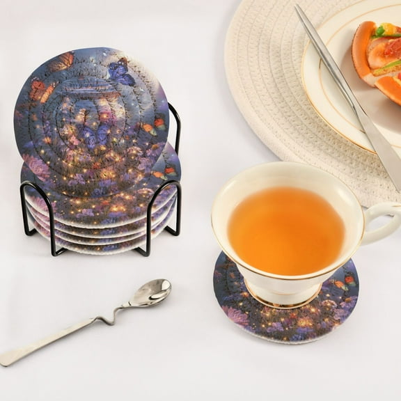 BZSMCE 6Pcs Drink Coasters With Holder 3.94Inch Fairy Lights Painting Creative Coil Coaster Coasters Colors Absorbent Coasters for Drinks Coasters Set Thicken Heat for Home Table