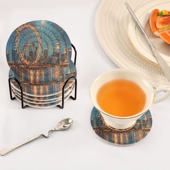 BZSMCE 6Pcs Drink Coasters With Holder 3.94Inch Ferris Wheel Painting under Dark Creative Coil Coaster Coasters Colors Absorbent Coasters for Drinks Coasters Set Thicken Heat for Home Table