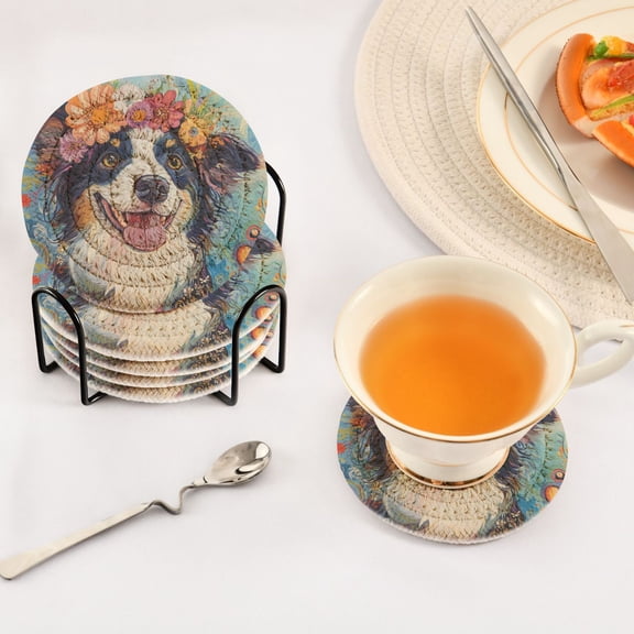 BZSMCE 6Pcs Drink Coasters With Holder 3.94Inch Fun Blossom Dog Creative Coil Coaster Coasters Colors Absorbent Coasters for Drinks Coasters Set Thicken Heat for Home Table