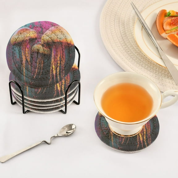 BZSMCE 6Pcs Drink Coasters With Holder 3.94Inch Jellyfish Colorful Creative Coil Coaster Coasters Colors Absorbent Coasters for Drinks Coasters Set Thicken Heat for Home Table