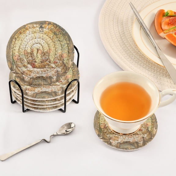 BZSMCE 6Pcs Drink Coasters With Holder 3.94Inch Mices Eating Cake Creative Coil Coaster Coasters Colors Absorbent Coasters for Drinks Coasters Set Thicken Heat for Home Table