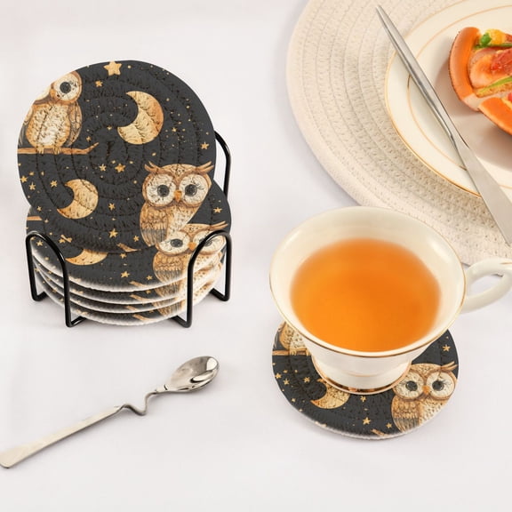 BZSMCE 6Pcs Drink Coasters With Holder 3.94Inch Owl Pattern Creative Coil Coaster Coasters Colors Absorbent Coasters for Drinks Coasters Set Thicken Heat for Home Table
