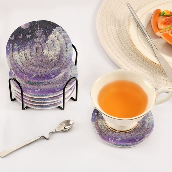 BZSMCE 6Pcs Drink Coasters With Holder 3.94Inch Purple Crystal Boat Printing Creative Coil Coaster Coasters Colors Absorbent Coasters for Drinks Coasters Set Thicken Heat for Home Table