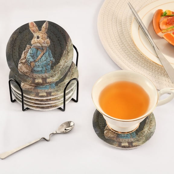 BZSMCE 6Pcs Drink Coasters With Holder 3.94Inch Rabbit Exploring Painting Creative Coil Coaster Coasters Colors Absorbent Coasters for Drinks Coasters Set Thicken Heat for Home Table