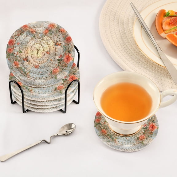 BZSMCE 6Pcs Drink Coasters With Holder 3.94Inch Roses Heart Creative Coil Coaster Coasters Colors Absorbent Coasters for Drinks Coasters Set Thicken Heat for Home Table