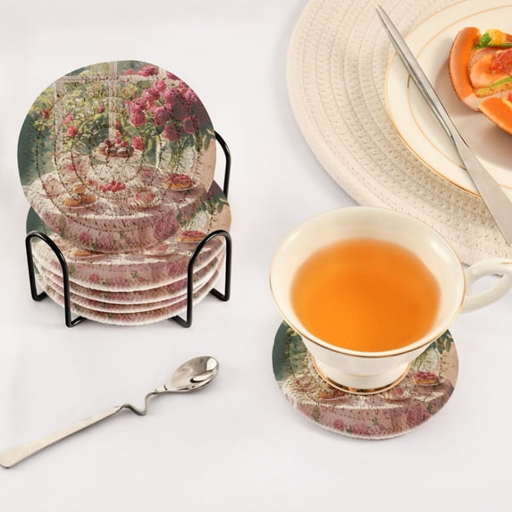 BZSMCE 6Pcs Drink Coasters With Holder 3.94Inch Tea Set with Cakes Roses Creative Coil Coaster Coasters Colors Absorbent Coasters for Drinks Coasters Set Thicken Heat for Home Table