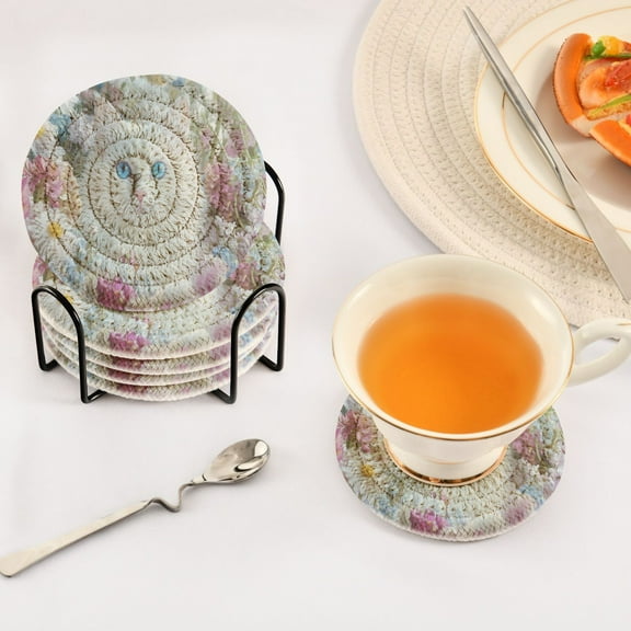 BZSMCE 6Pcs Drink Coasters With Holder 3.94Inch White Cat with Blue Eyes Creative Coil Coaster Coasters Colors Absorbent Coasters for Drinks Coasters Set Thicken Heat for Home Table
