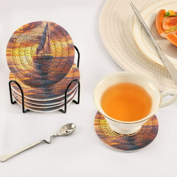 BZSMCE 6Pcs Drink Coasters With Holder 3.94Inch White Sailboat Creative Coil Coaster Coasters Colors Absorbent Coasters for Drinks Coasters Set Thicken Heat for Home Table