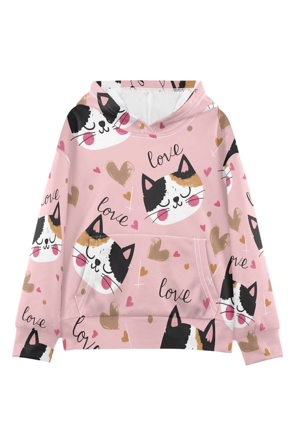 BZSMCE A Heart Shaped Cat Pattern Print Hoodie Casual Pullover Sweatshirt With Kangaroo Pocket