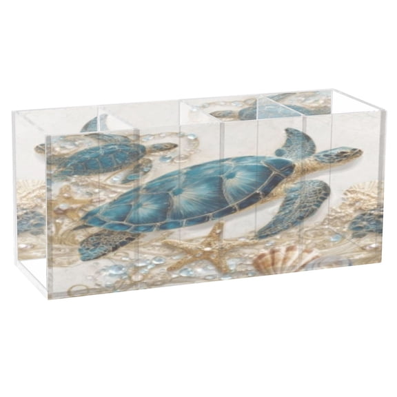 BZSMCE Acrylic 4 Compartments Pencil Holder Organizer Makeup Brush Holder In Azure Jeweled Turtle Pattern