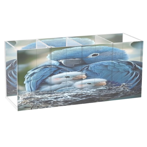 BZSMCE Acrylic 4 Compartments Pencil Holder Organizer Makeup Brush Holder In Azure Parrot Family Nest Pattern