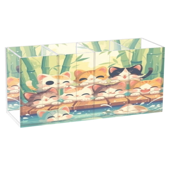 BZSMCE Acrylic 4 Compartments Pencil Holder Organizer Makeup Brush Holder In Bamboo Edge Cats and Fishes Pattern