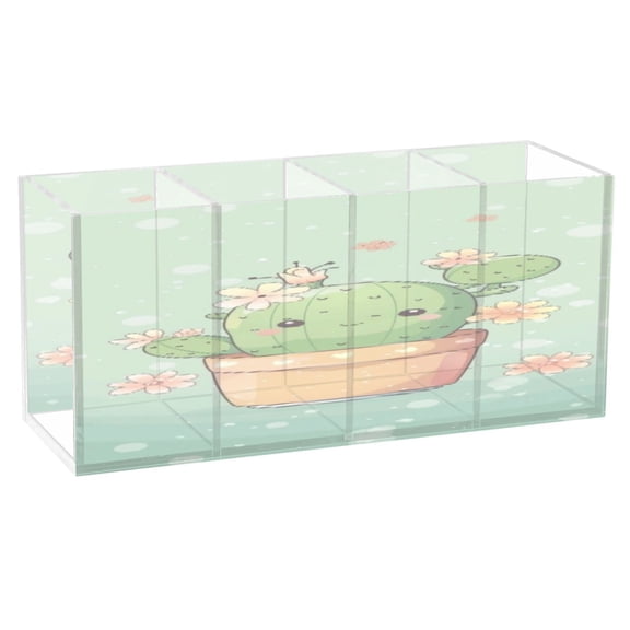BZSMCE Acrylic 4 Compartments Pencil Holder Organizer Makeup Brush Holder In Blooming Pastel Cactus Pattern